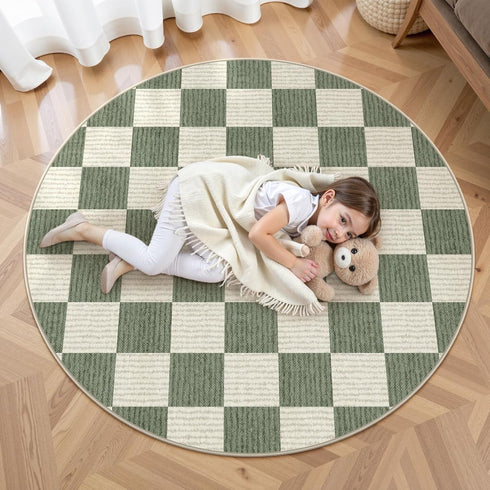 4 Bedroom(Green,120R) LIVEBOX Checkered Round Rug Ft Washable Area Rug for Playroom Classroom, Kids Non-Slip Neutral