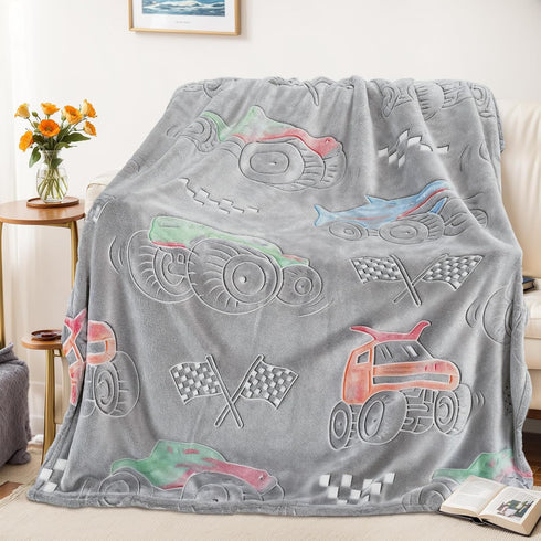 LMKLOP 3-12 40"x 60" Glow in The Dark Monster Truck Blanket for Boys/Girls/Kids/Toddler/Baby, Cute Funny Car Blanket
