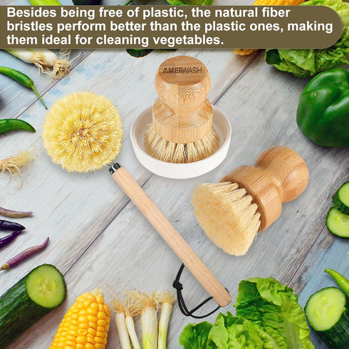 Set 1 2 Wooden Dish Brush Clean Pots, Pans and Vegetable, Natural Bristles Bamboo Scrub Brushes with Ceramic Dish