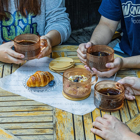 4pcs 14oz Set Ollieroo Coffee Cups,Vintage Coffee Mugs, Overnight Oats Containers with Lids and Spoons, Coffee Glasses