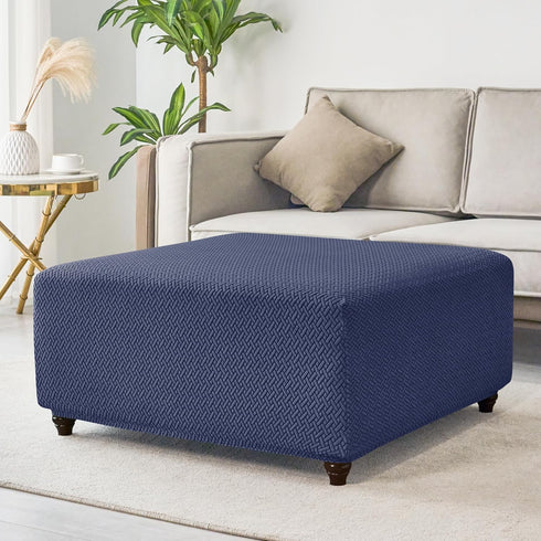 HFCNMY Stretch Knitted Jacquard Thick Washable Storage Ottoman Slipcover Foot Stool Cover with Elastic Bottom Blue