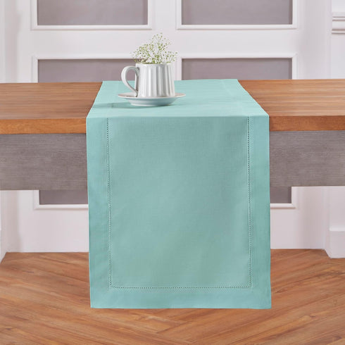 Solino Home Pastel Turquoise Table Runner 60 Inches Long – Cotton Linen Hemstitch, Machine Washable