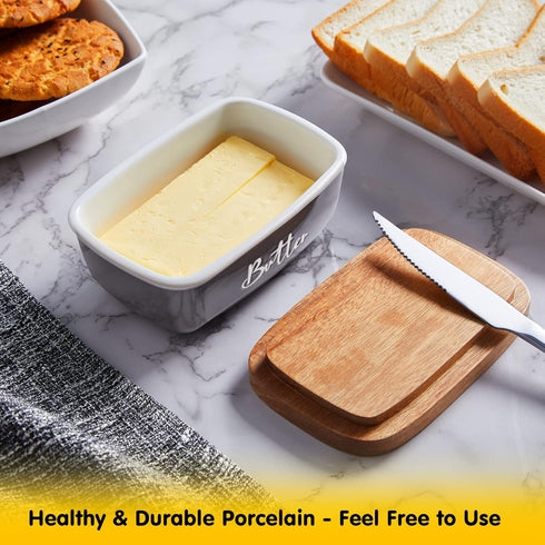 Gray Butter Dish, ALELION Large Ceramic Container with Lid for Countertop, Acacia Wooden Lid for Modern Kitchen Decor