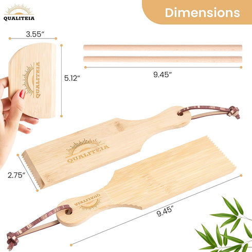 QUALITEIA Set 2x 2x 1x Set 4) Gnocchi Board for Rolling Dough - Paddles, Rollers & Cutter, Bamboo Pasta Shaper Tools