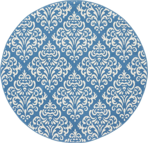 Nourison Grafix Damask Blue Area Rug, 5'3" x ROUND, Easy-Cleaning, Non-Shedding for Bedroom, Living Room, Dining Room,