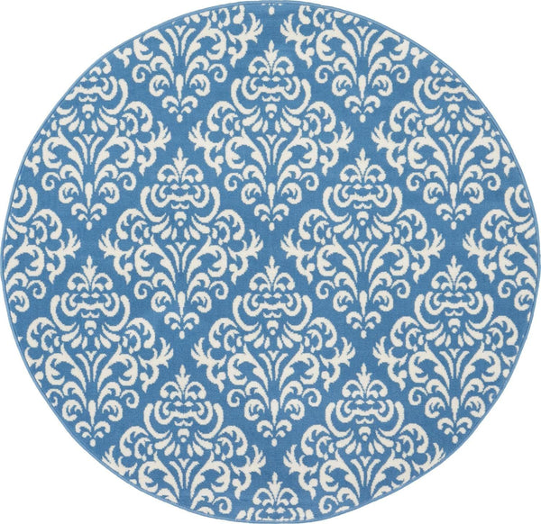 Nourison Grafix Damask Blue Area Rug, 5'3" x ROUND, Easy-Cleaning, Non-Shedding for Bedroom, Living Room, Dining Room,