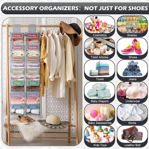 Yeyeplum 2 Pack 7 Closet Shelf Weekly Clothes Organizer Hanging for Kids with Side Pockets Weekday Shoes Rack Weekly