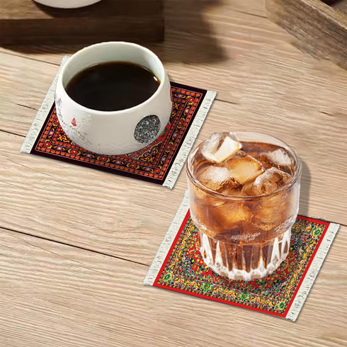 4 Set Oriental Rug Piece of Absorbent Drink Rug Coasters - Native American Style Colorful, Cute Coffee Table & Table