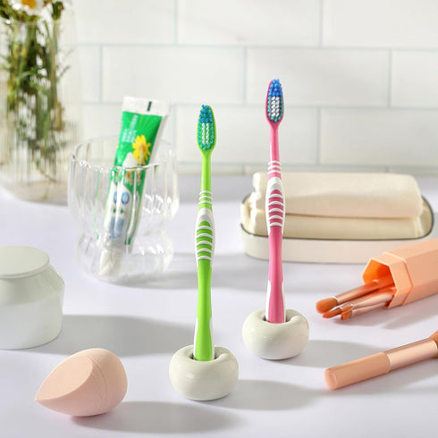 DQELFA 2PCS Countertop Ceramic Toothbrush Holder, Mini Sleek Toothbrush Holder Stand for Bathroom and Organizers, White