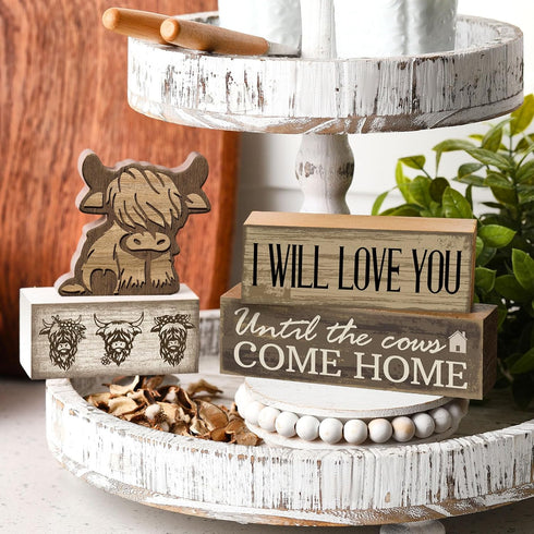 Moucuny 4 Pcs Highland Cow Table Decorations Rustic Western Tiered Tray Decor Decorative Highland Cow Block Signs