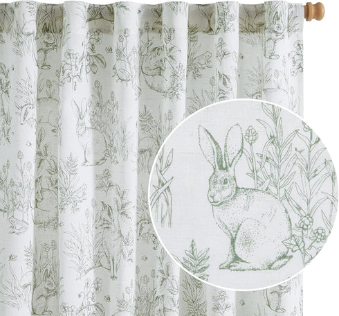 jinchan Linen Nursery Curtains 90 inch Long Woodland Wildlife Sage Green Print
