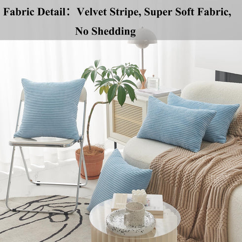 Home Brilliant Blue Throw Pillow for Couch, Stripe Velvet Corduroy Euro Sham, 24 x 24 inch