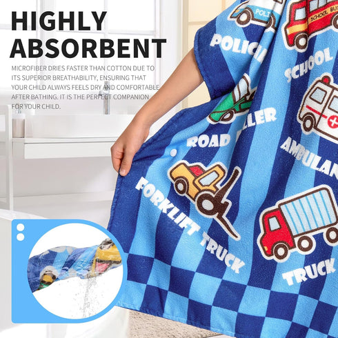 3-12 OLAOLA Printed Car Hooded Kids Beach Towels for Years Boys Girls, Soft Absorbent Kids Hooded Bath Towel Wrap
