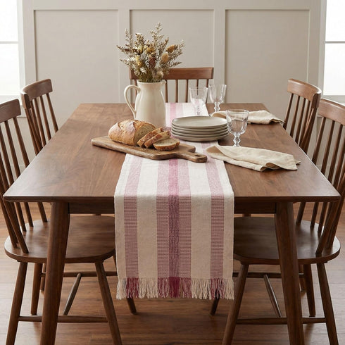 72 Inch Rosey Red Striped Table Runner Long for Dining Table, Console Tables , Entryway Decor - Natural Cotton Tassle /
