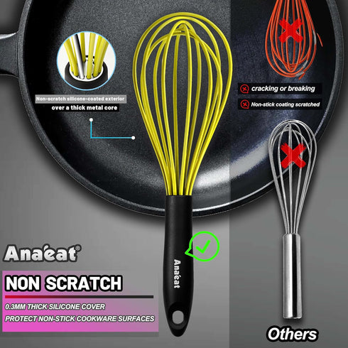 Anaeat Silicone Whisk, Thick Stainless Steel Wire Inner Heat Resistant Kitchen Whisks for Non-Stick Cookware