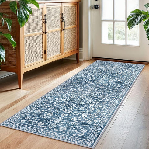 2x5 Vintage Washable Rug, Blue and White Hallway Runner, Super Soft Non-Slip Kitchen Runner, Print Faux Wool Floral