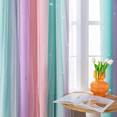 W34 L84) XiDi Dream Star Blackout Curtains for Kids Rooms Girl Princess Curtain for Daughter Bedroom Window (Pink