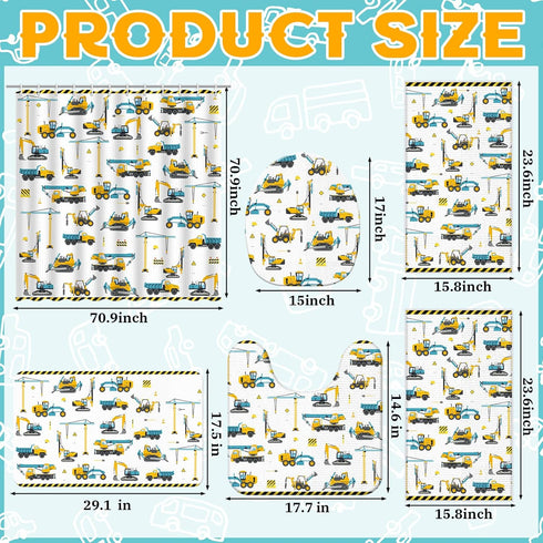 6 Set Sets 2 12 Nuanchu Pcs Construction Shower Curtain with Rug Bathroom with Shower Curtain Bath Mat U Shaped Mat