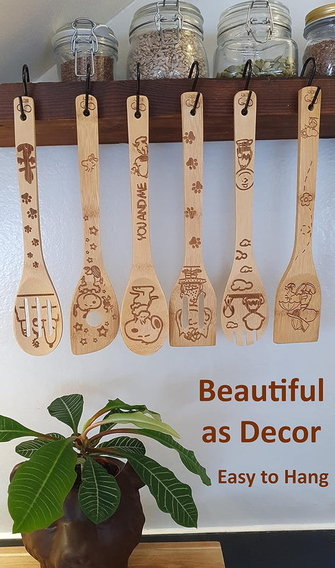 Bejky 6-Pcs Wooden Bamboo Spoons Set, Organic Cooking Utensils with 3D Engraved Patterns, Cookware Gifts