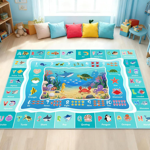 5x7ft ABC Kids Ocean Rug for Playroom, Alphabet Classroom Rug, Educational Kids Play Mat with Number Shape Animal
