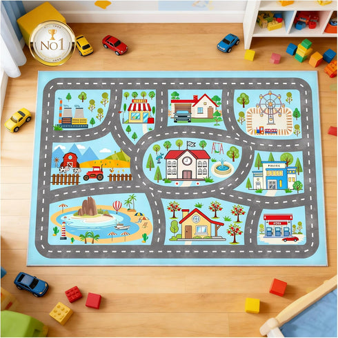 31''x47'' Kids Rug Car Rugs Playmat Carpet for Play Toy Cars for Playroom Classroom Kids Room, Non-Slip Road Traffic
