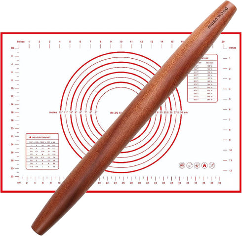 Muso Wood French Rolling Pin and Silicone Baking Mat Set - 15.75 Inch Sapele Wooden Rolling Pin