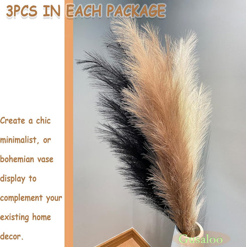 Artificial Faux Pampas Grass Large Bundle of 3, 47"/120cm Tall Fluffy Stems for Living Room Kitchen Boho Decor - Black