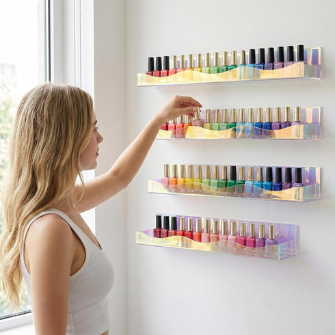 4 Pack 15" Hiceeden Iridescent Acrylic Floating Shelves, Wall Mounted Floating Bookshelf Organizer for Room, Clear Nail