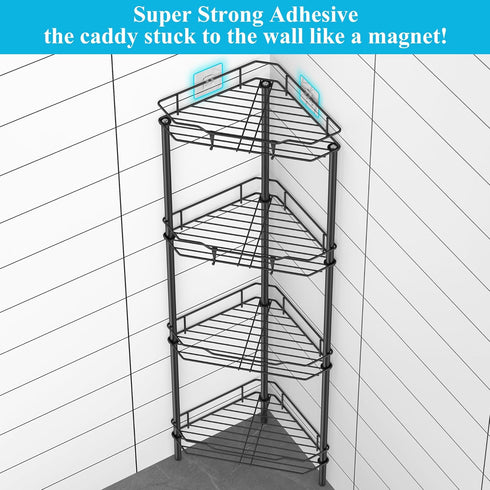 HuggieGems 4-Tier Corner Shower Caddy Organizer with Hooks - Black Bathroom Shelf Stand