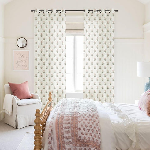 2 Sets Pink Curtains Panel for Bedroom Girls Nursery,Light Blush Pink and Green Floral Boho Cute Sheer Curtains