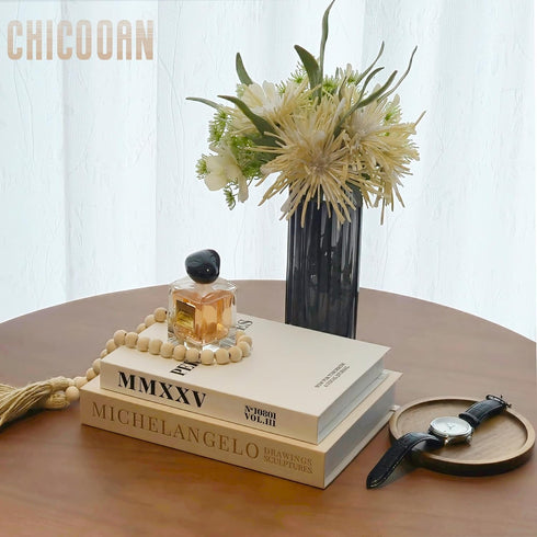 Chicooan 4-in-1 Set, 2 Decorative Books Coffee Table Books Decor, Linen Fake Book Boxes with Wood Tray, Bead Garland