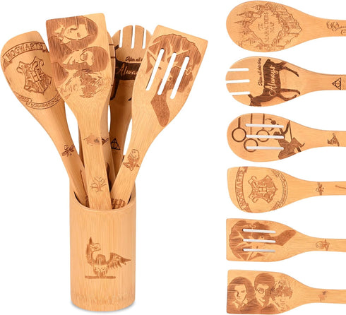 Wooden Cooking Spoons Set of 7 Pieces, Magical Bamboo Kitchen Utensils with Engraved Patterns, Magic Cooking Spoons Mom