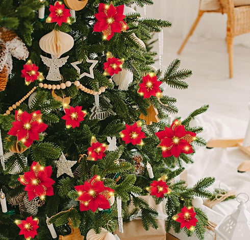 Geefuun 28PCS Christmas Tree Decorations: Red Glitter Poinsettias Artificial Flowers Ornaments with Clips, 3 Sizes
