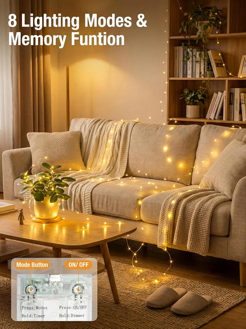 8 16.4 50 Dimmable btfarm Fairy Lights Battery Operated with Timer Modes, FT LED Silver Wire Twinkle String Lights