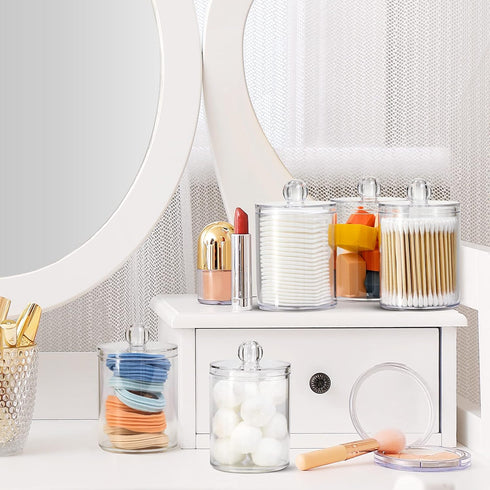 6 Pack Qtip Holder Dispenser for Cotton Balls, Swabs, Pads - Clear Plastic Apothecary Jar Set