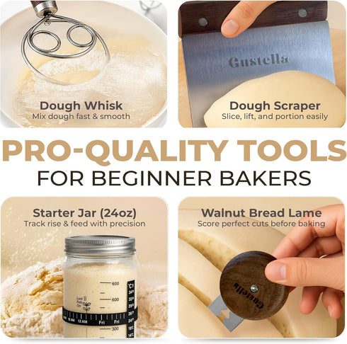 Set Sourdough Starter Kit for Beginners Complete Bread Baking with Banneton Basket, Jar, Lame & Tools Easy Homemade
