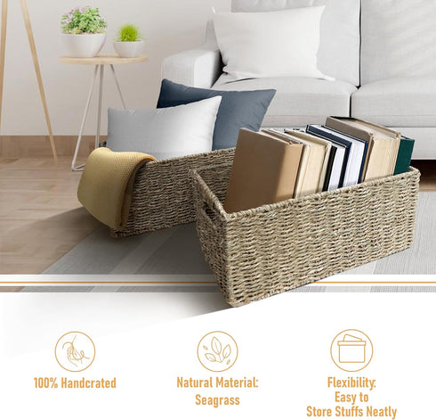 HOMESTEAD Seagrass Baskets with Built-in Handles for Storage, 13.5" x 8" Medium Rectangular Wicker Basket, 2 Packs