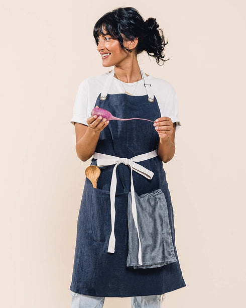 Caldo Linen Kitchen Apron for Cooking- Mens and Womens Linen Bib Apron for Professional Chef, Server, or Barista