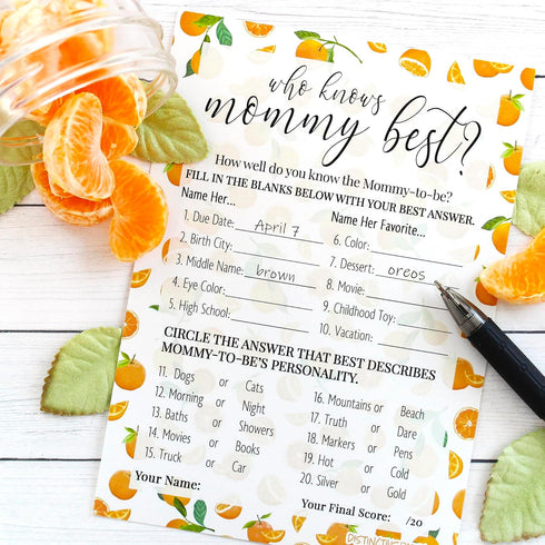 DISTINCTIVS Orange Little Cutie Baby Shower Game - Who Knows Mommy Best Game Cards, 20 Count