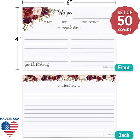 321Done Recipe Cards (Set of 50) Floral 4" x 6" - Double-Sided for Weddings, Bridal Shower - Made in USA - Large Watercolor Red Roses, White From the Kitchen Of by 321Done