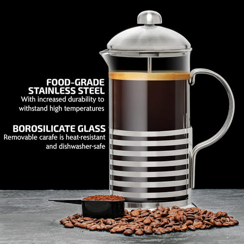 OVENTE 34 Ounce French Press Coffee & Tea Maker, 4 Filter Stainless Steel Plunger System & Durable Borosilicate Heat Resistant Glass, Portable Easy Clean Pitcher with Free Scoop, Silver FSH34S by OVENTE