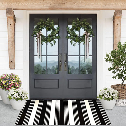 Black and White Striped Outdoor Rug, 27.5 x 43 Inches Hand-Woven Reversible Washable Rug for Porch/Front Door