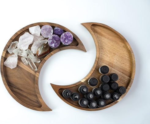 Room Decor Jewelry Organizer - Walnut Wood Tray with Spiritual Accents, Boho Gothic Style, Trinket Dish, Moon Shaped