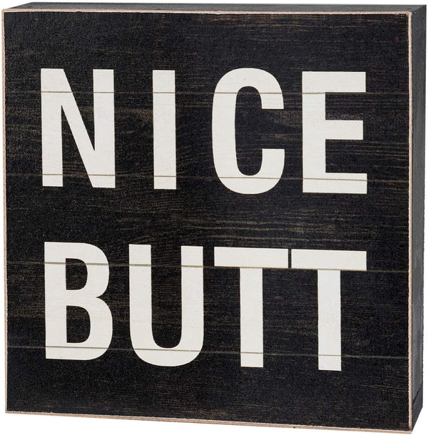 Funny Bathroom Signs Decor, Farmhouse Wooden Box Sign Wall Art, 6" Square Nice Butt