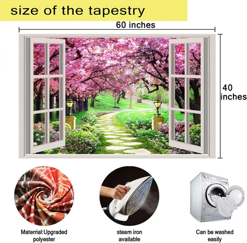 Japanese Cherry Blossom Window Tapestry, Botanical Floral Natural Landscape Aesthetic Tapestry for Home Decor