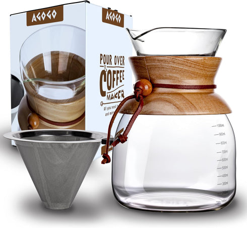 AGOGO Pour Over Coffeemaker Dripper, High Capacity 10 Cup Carafe with 304 Stainless Steel Filters