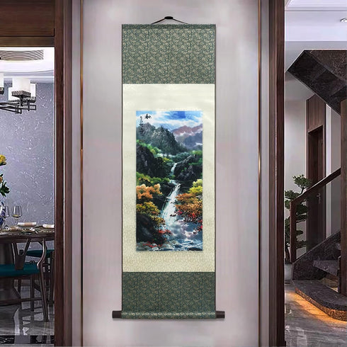 AtfArt Asian Wall Decor, Beautiful Silk Scroll Painting, Four Seasons Landscape, 36.2 x 12in Autumn Oriental Decor