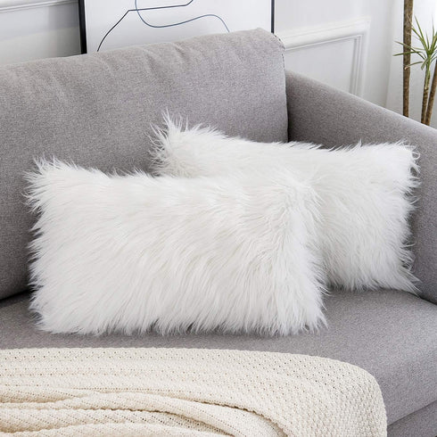 WLNUI Set of 2 White Decorative Lumbar Pillow Covers - Luxury Merino Style Faux Fur, 12x20 Inch