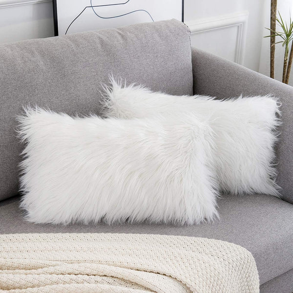 WLNUI Set of 2 White Decorative Lumbar Pillow Covers - Luxury Merino Style Faux Fur, 12x20 Inch