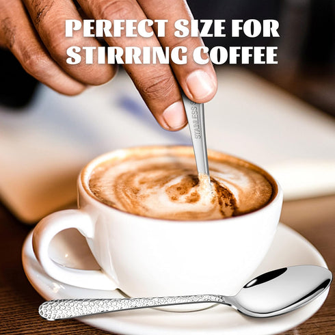 E-far 12-Piece Stainless Steel Coffee Spoons - 6-Inch Espresso Spoons with Hammered Design, Dishwasher Safe